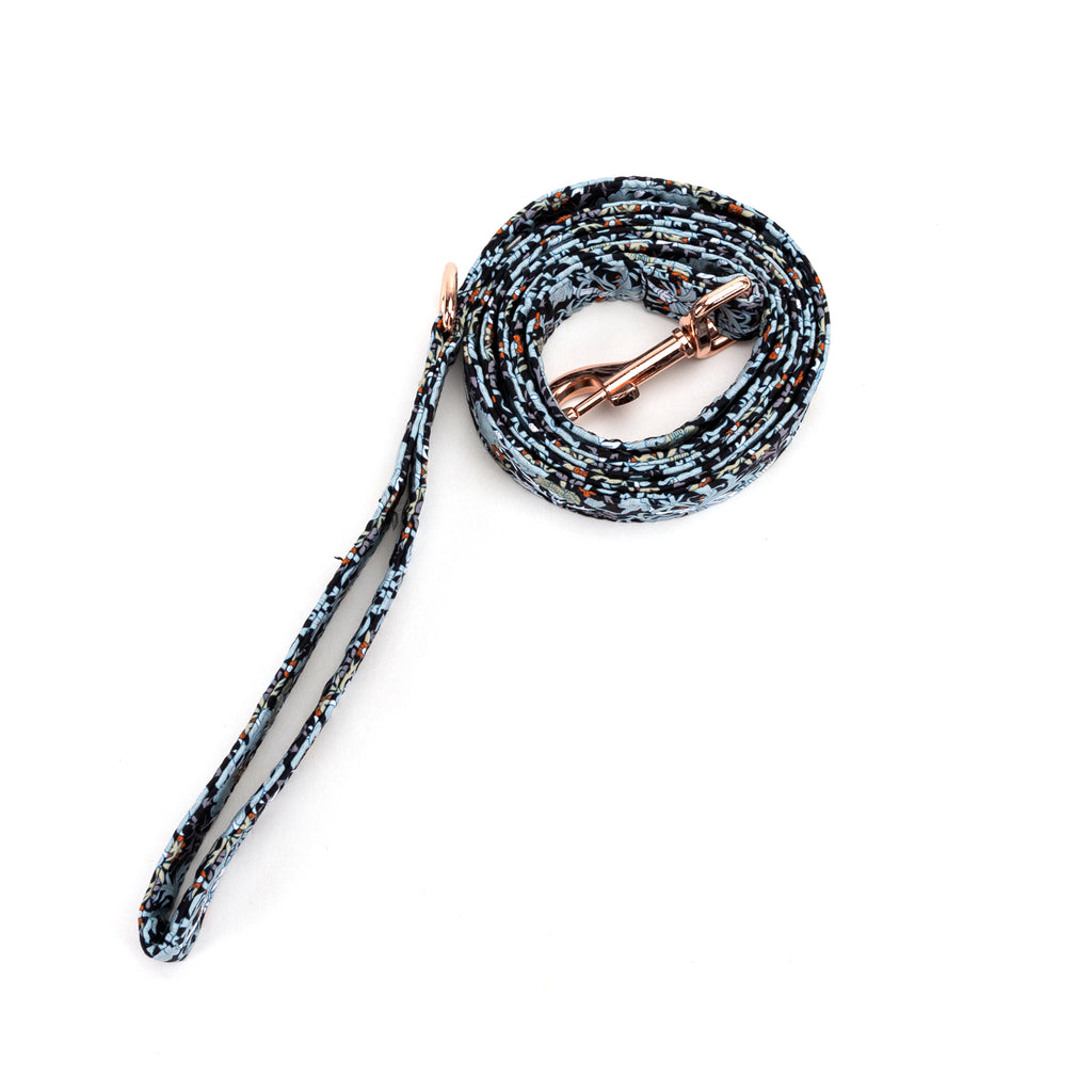 100% Cotton Adjustable Dog Leash  Vintage Floral Black rolled