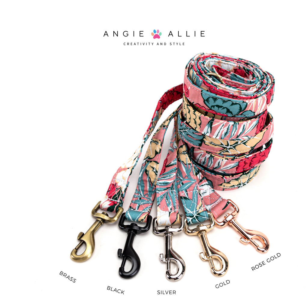 100% Cotton Adjustable Dog Leash Romantic Rose with brass, black, silver, gold, rose gold hardware