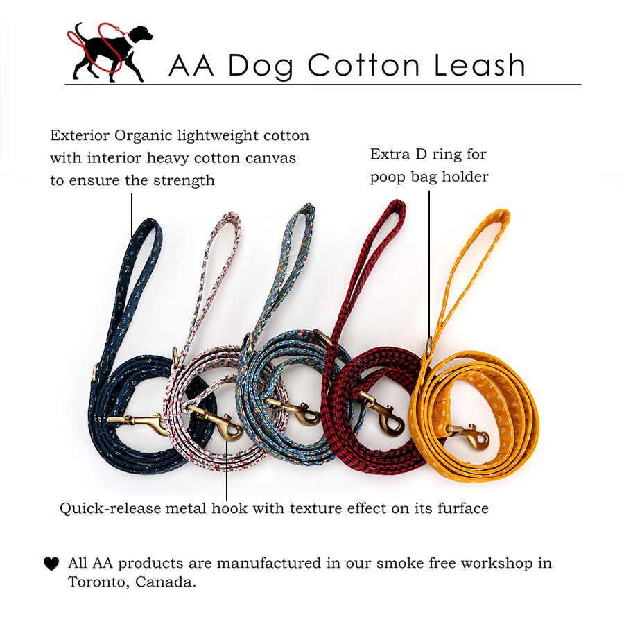 AA Dog Cotton Leash with various colors and features highlighted on a white background