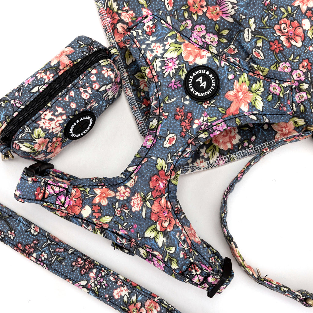 100% Cotton Adjustable No Pull Dog Harness Brass Bouquet Grey products series