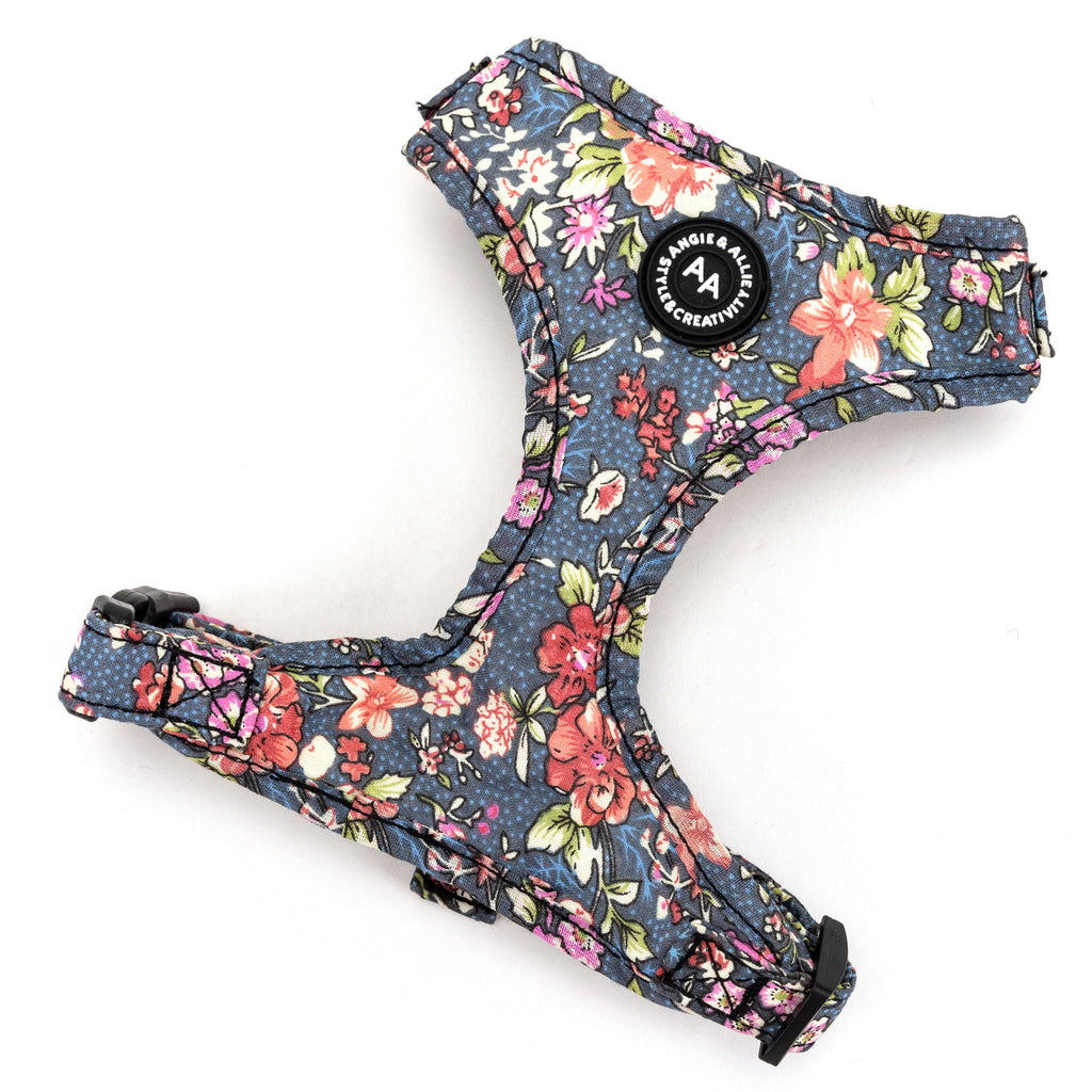 100% Cotton Adjustable No Pull Dog Harness Brass Bouquet Grey main