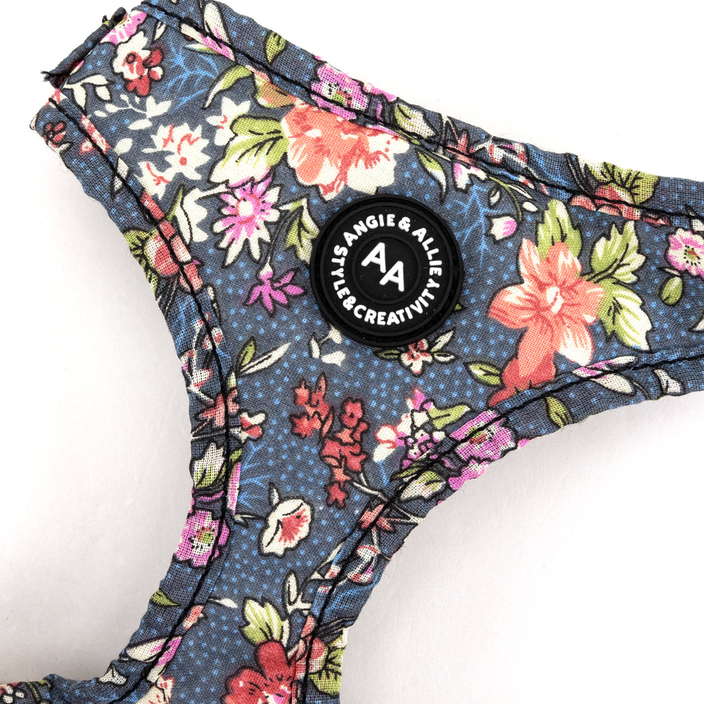 100% Cotton Adjustable No Pull Dog Harness Brass Bouquet Grey detail