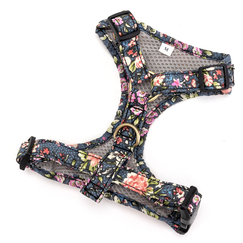 100% Cotton Adjustable No Pull Dog Harness Brass Bouquet Grey back