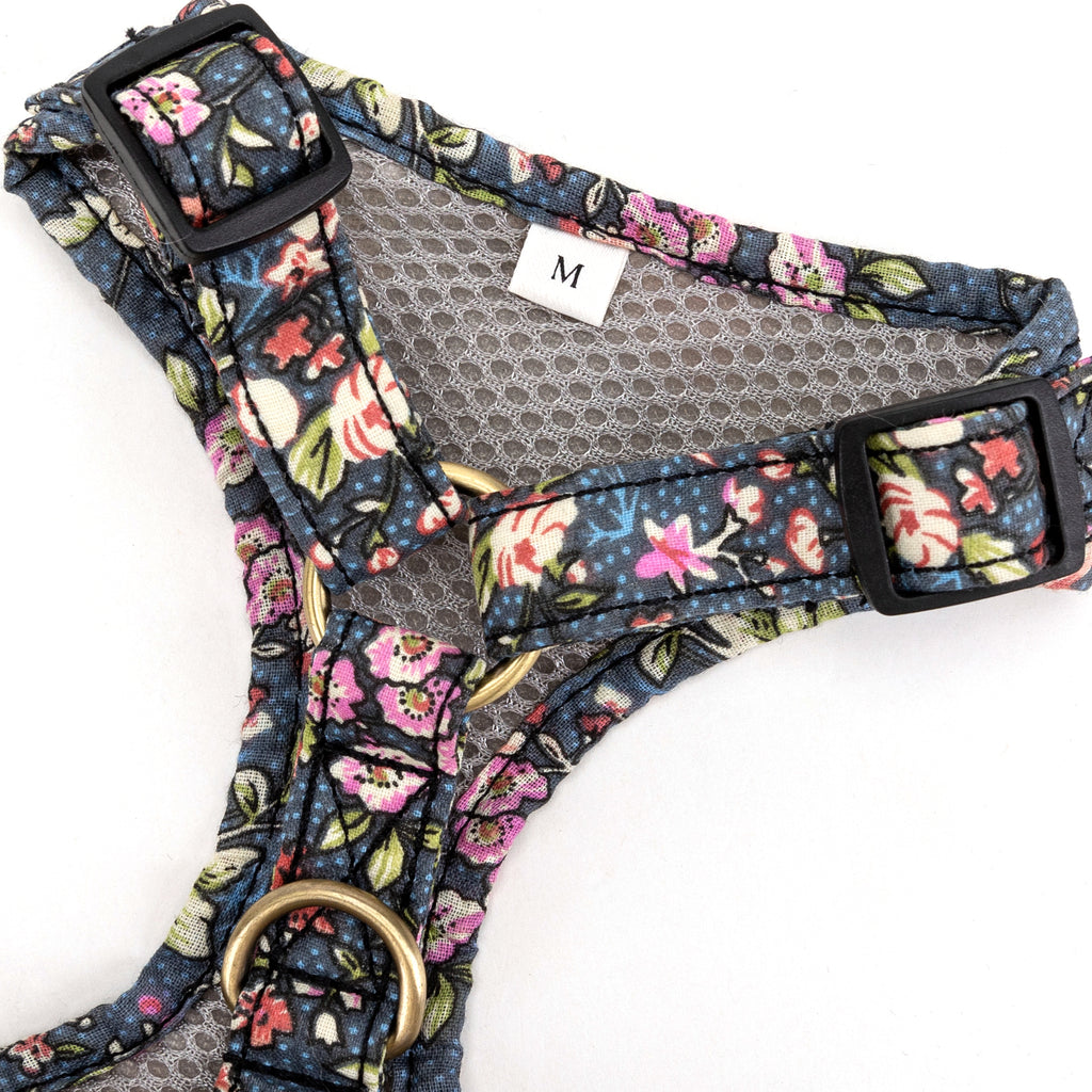 100% Cotton Adjustable No Pull Dog Harness Brass Bouquet Grey buckle