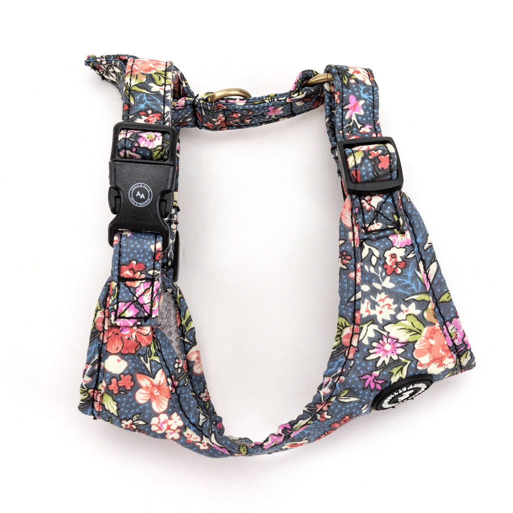 100% Cotton Adjustable No Pull Dog Harness Brass Bouquet Grey side