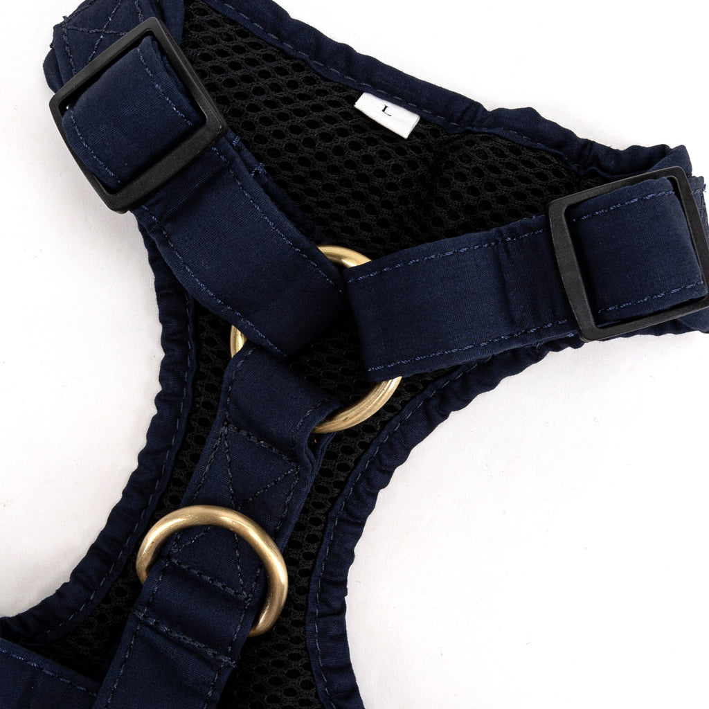 100% Cotton Adjustable No Pull Dog Harness Brass  Navy buckle