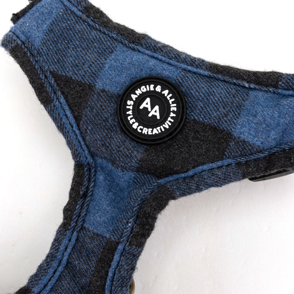 100% Cotton Adjustable No Pull Dog Harness Brass Plaid Blue detail