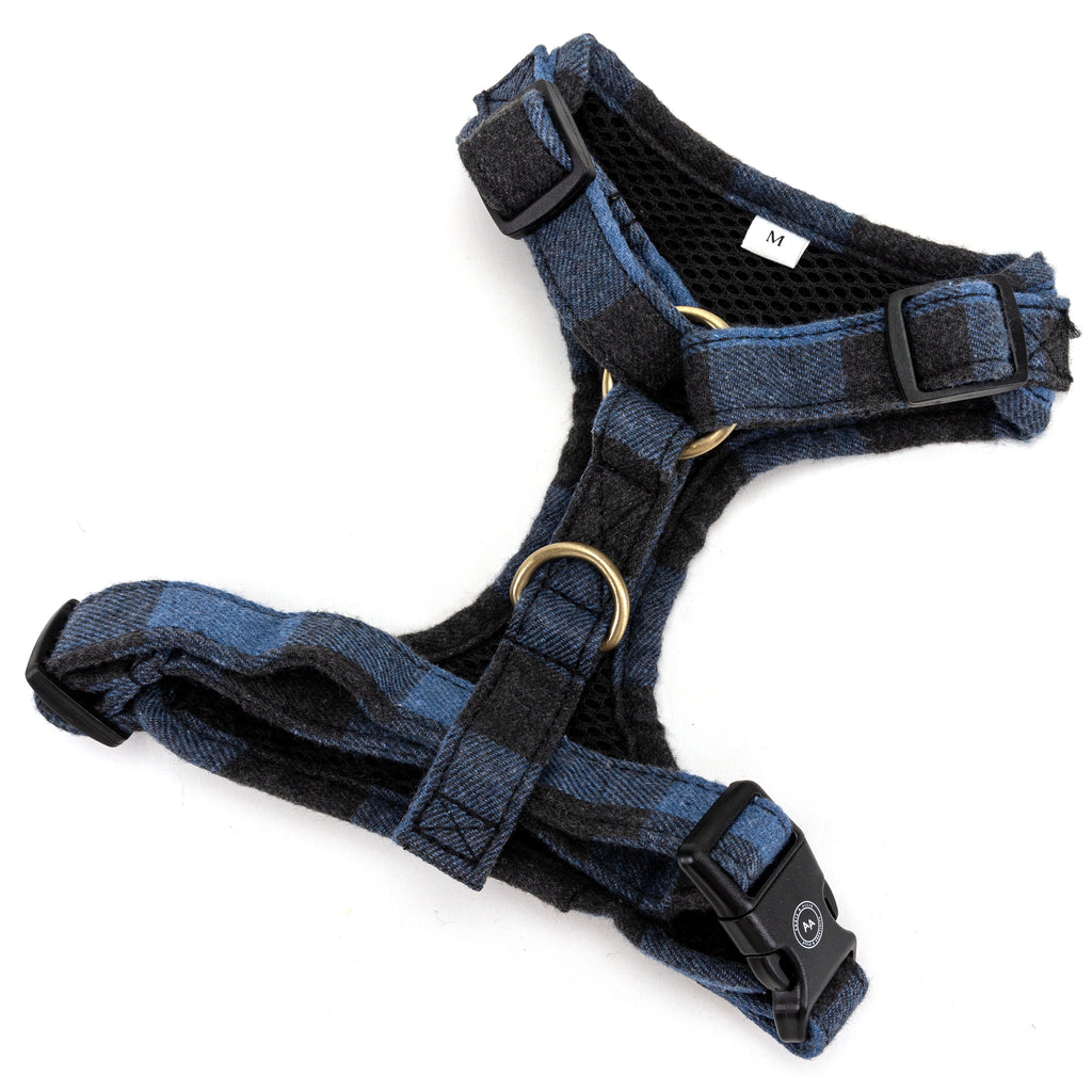 100% Cotton Adjustable No Pull Dog Harness Brass Plaid Blue back