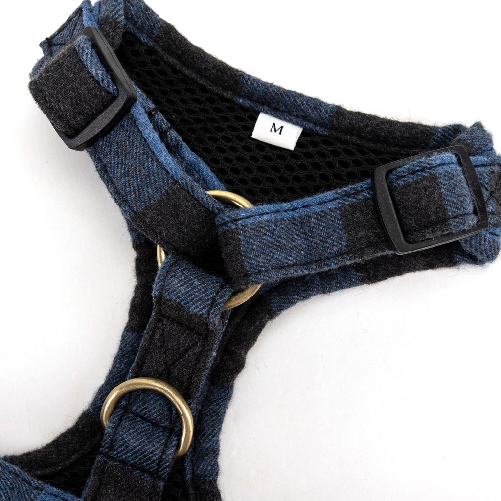 100% Cotton Adjustable No Pull Dog Harness Brass Plaid Blue hardware