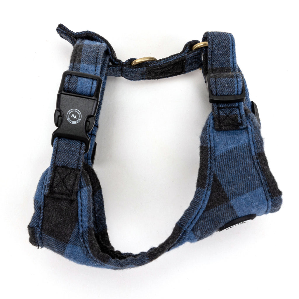 100% Cotton Adjustable No Pull Dog Harness Brass Plaid Blue side