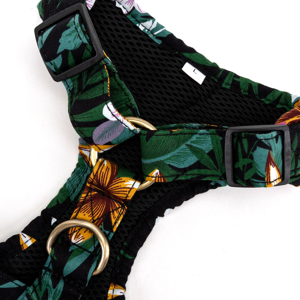 100% Cotton Adjustable No Pull Dog Harness Brass  Tropical Night buckle