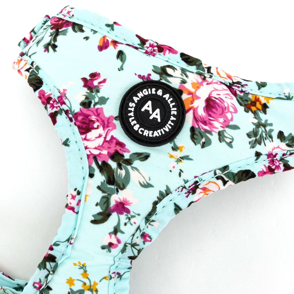 100% Cotton Adjustable No Pull Dog Harness Brass Bouquet Blue detail