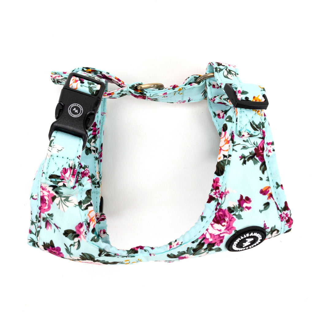 100% Cotton Adjustable No Pull Dog Harness Brass Bouquet Blue side