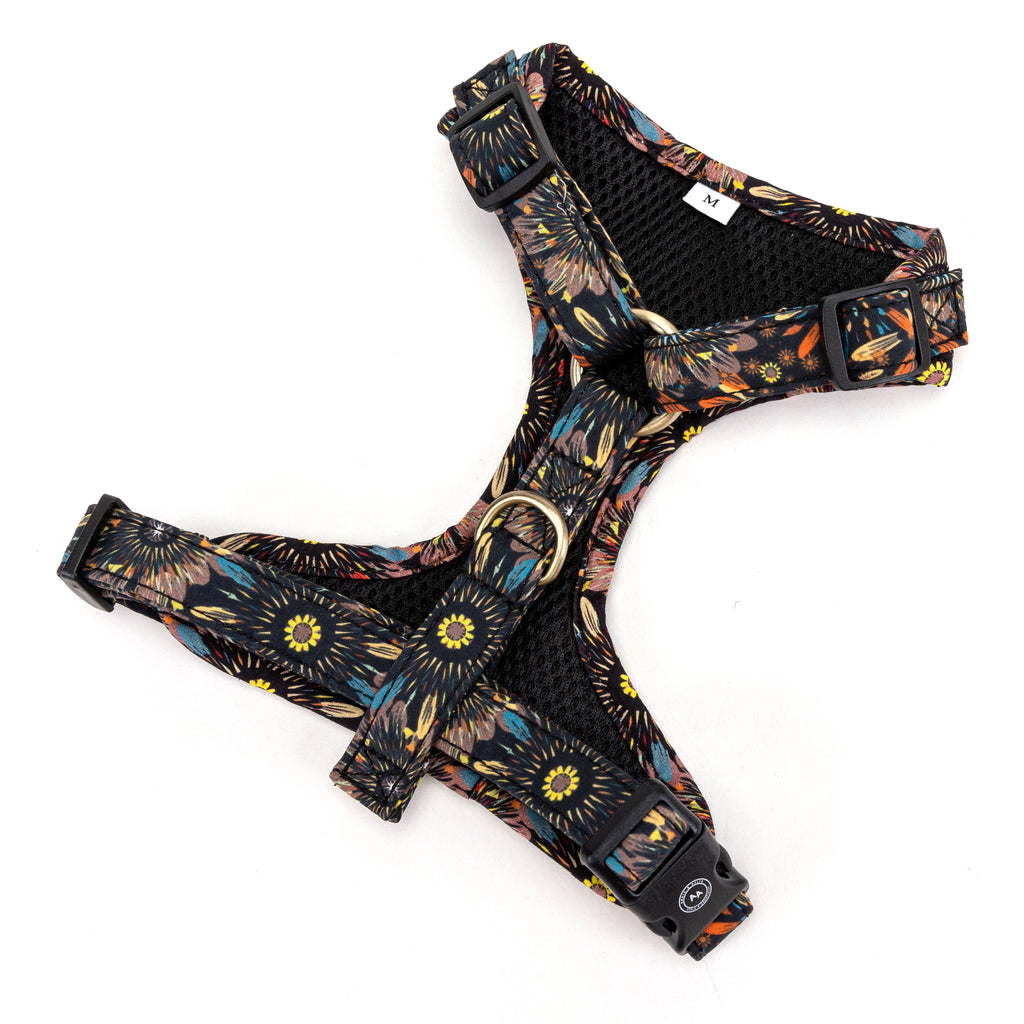 100% Cotton Adjustable No Pull Dog Harness Brass Sunflowers back
