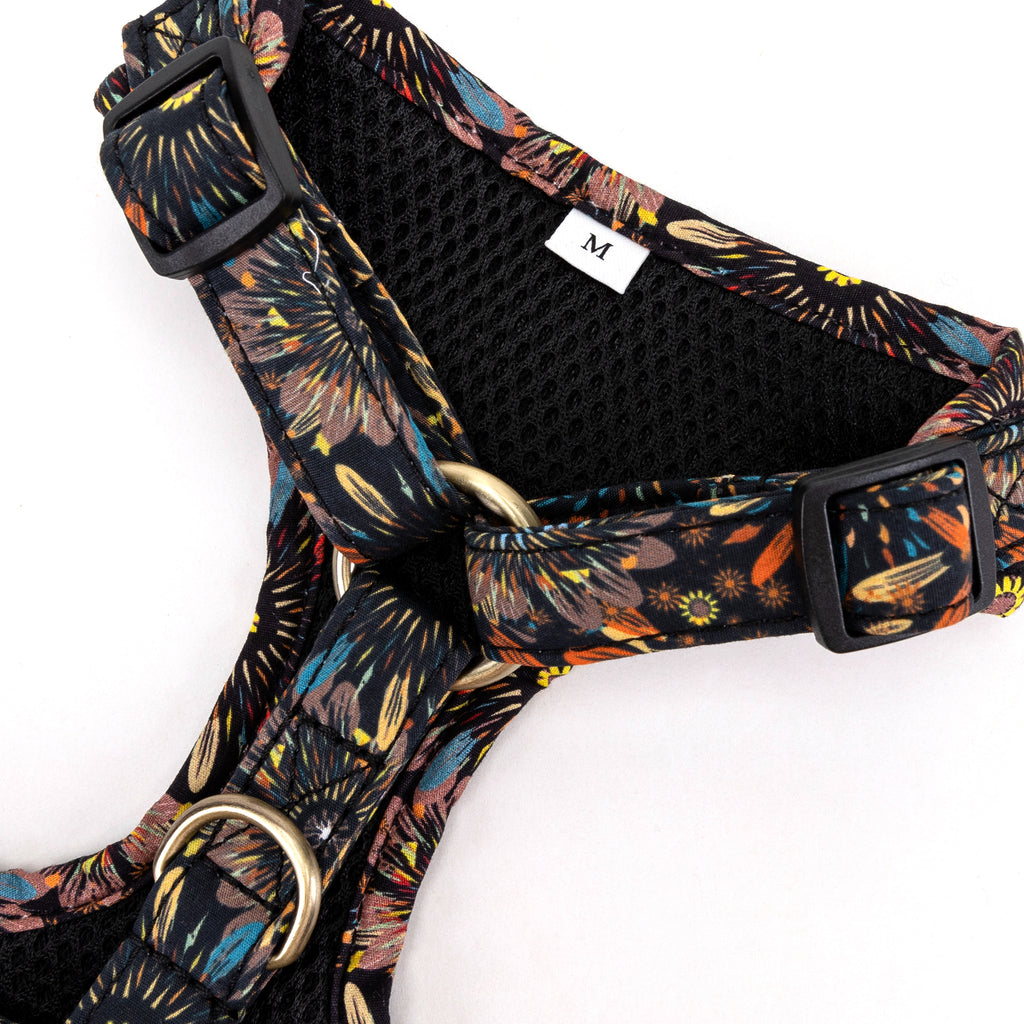 100% Cotton Adjustable No Pull Dog Harness Brass Sunflowers hardware