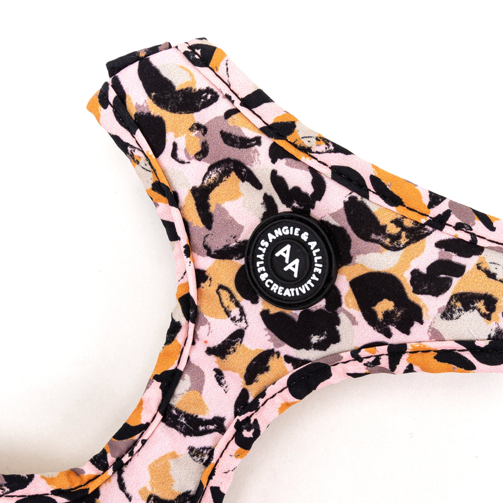 100% Cotton Adjustable No Pull Dog Harness Brass Leopard detail