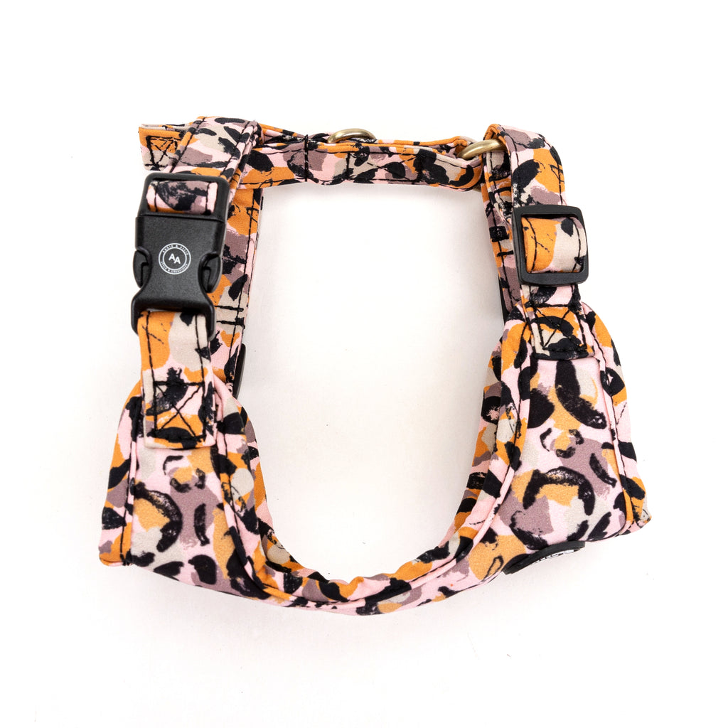 100% Cotton Adjustable No Pull Dog Harness Brass Leopard side