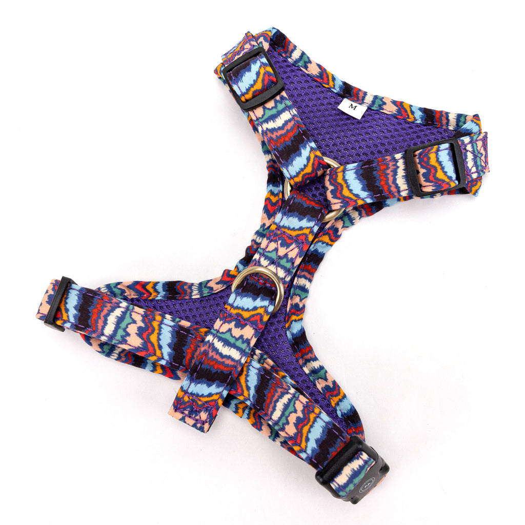 100% Cotton Adjustable No Pull Dog Harness Brass Stripes ethnic back