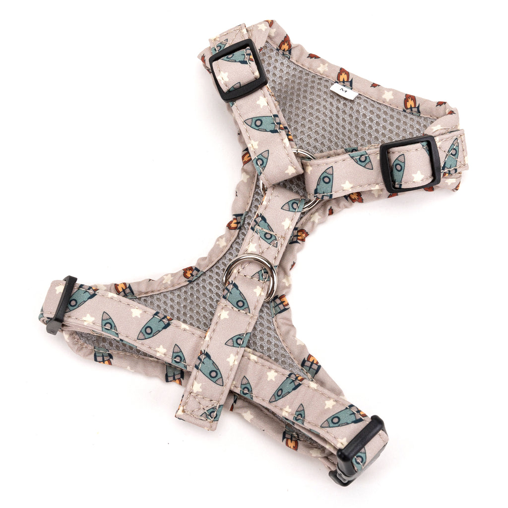 100% Cotton Adjustable No Pull Dog Harness Silver  Retro Rocket  back