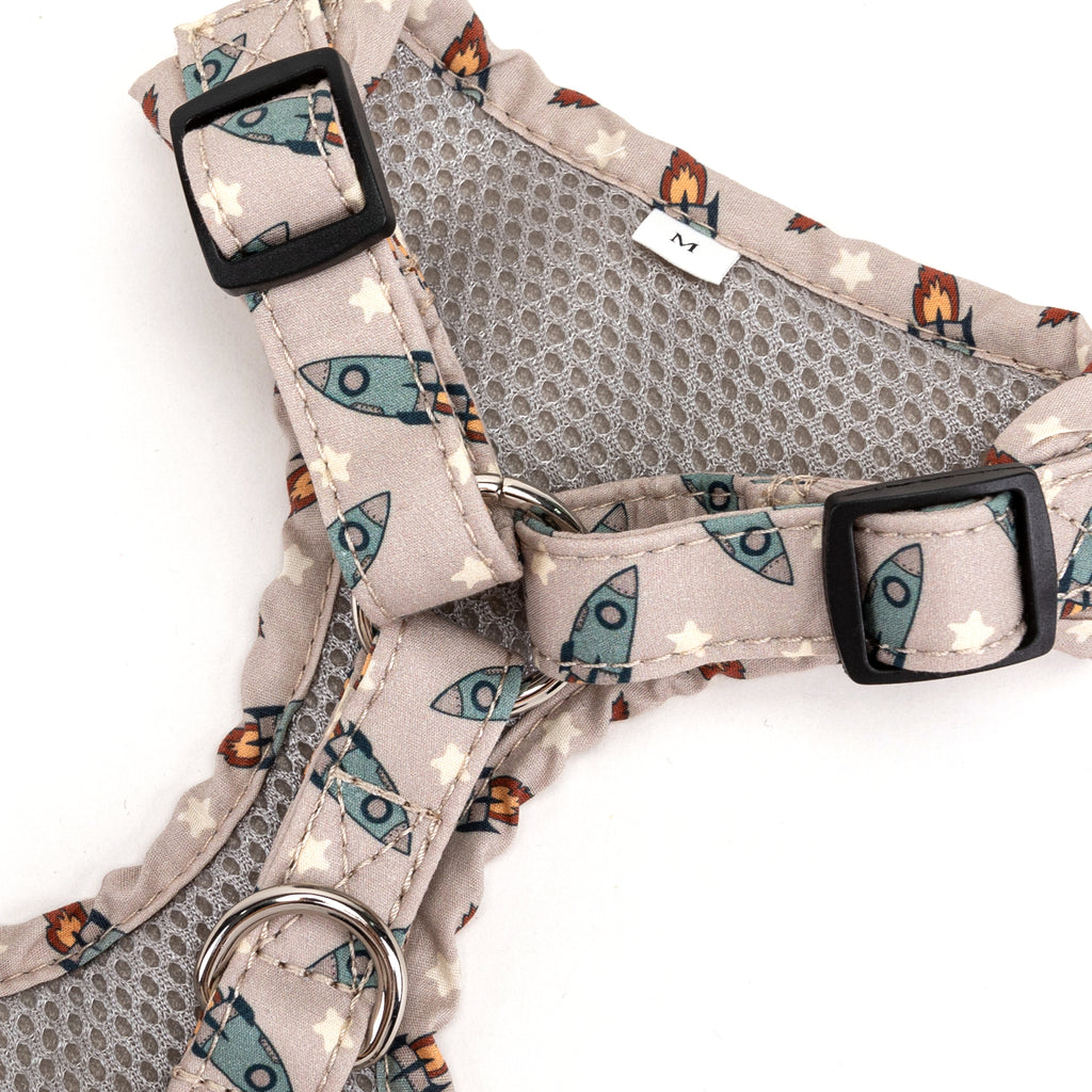 100% Cotton Adjustable No Pull Dog Harness Silver  Retro Rocket  buckle