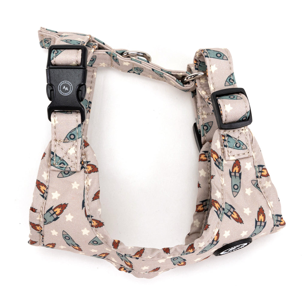 100% Cotton Adjustable No Pull Dog Harness Silver  Retro Rocket side