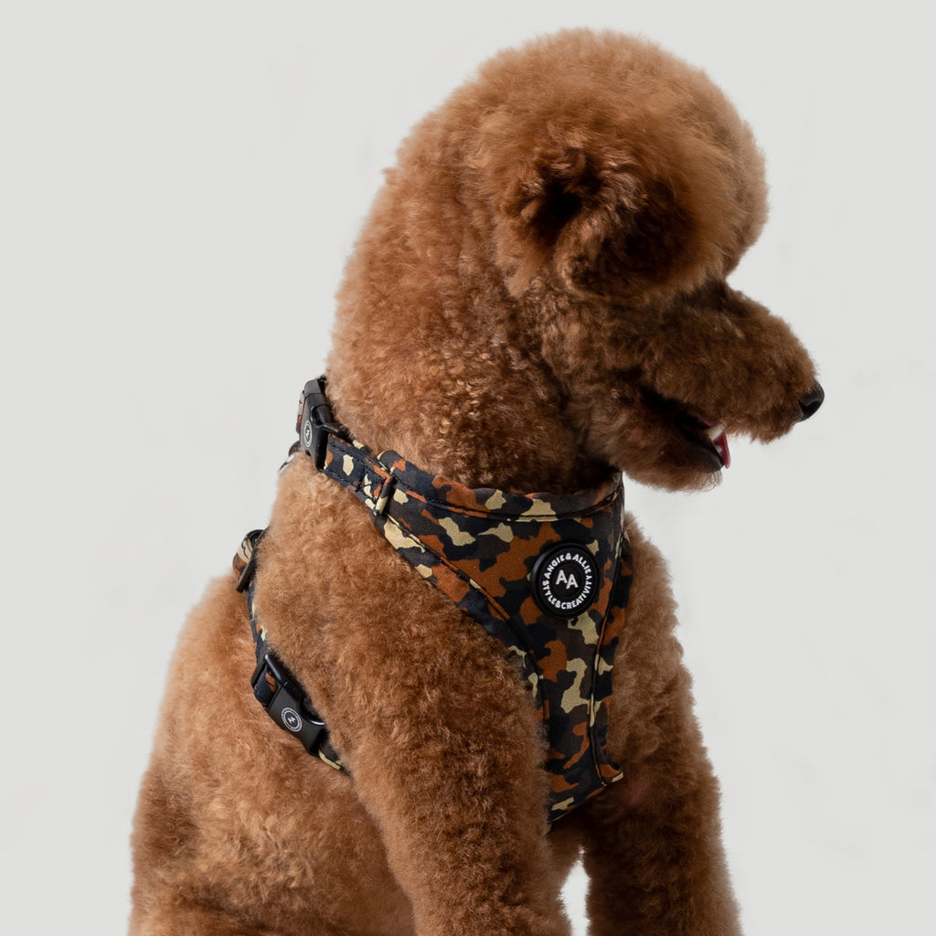 100% Cotton Adjustable No Pull Dog Harness Silver Camo dog wears the hatness front view