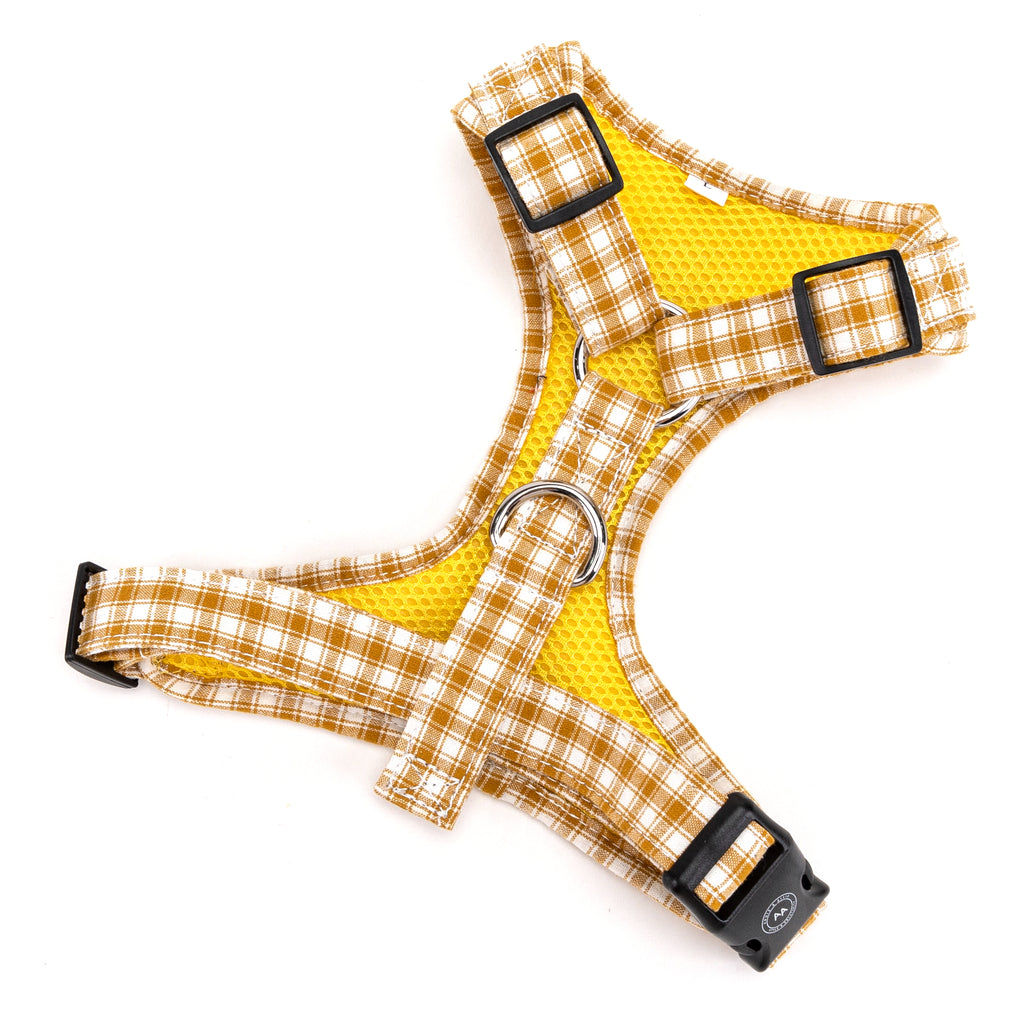 100% Cotton Adjustable No Pull Dog Harness Silver  Gingham Yellow back