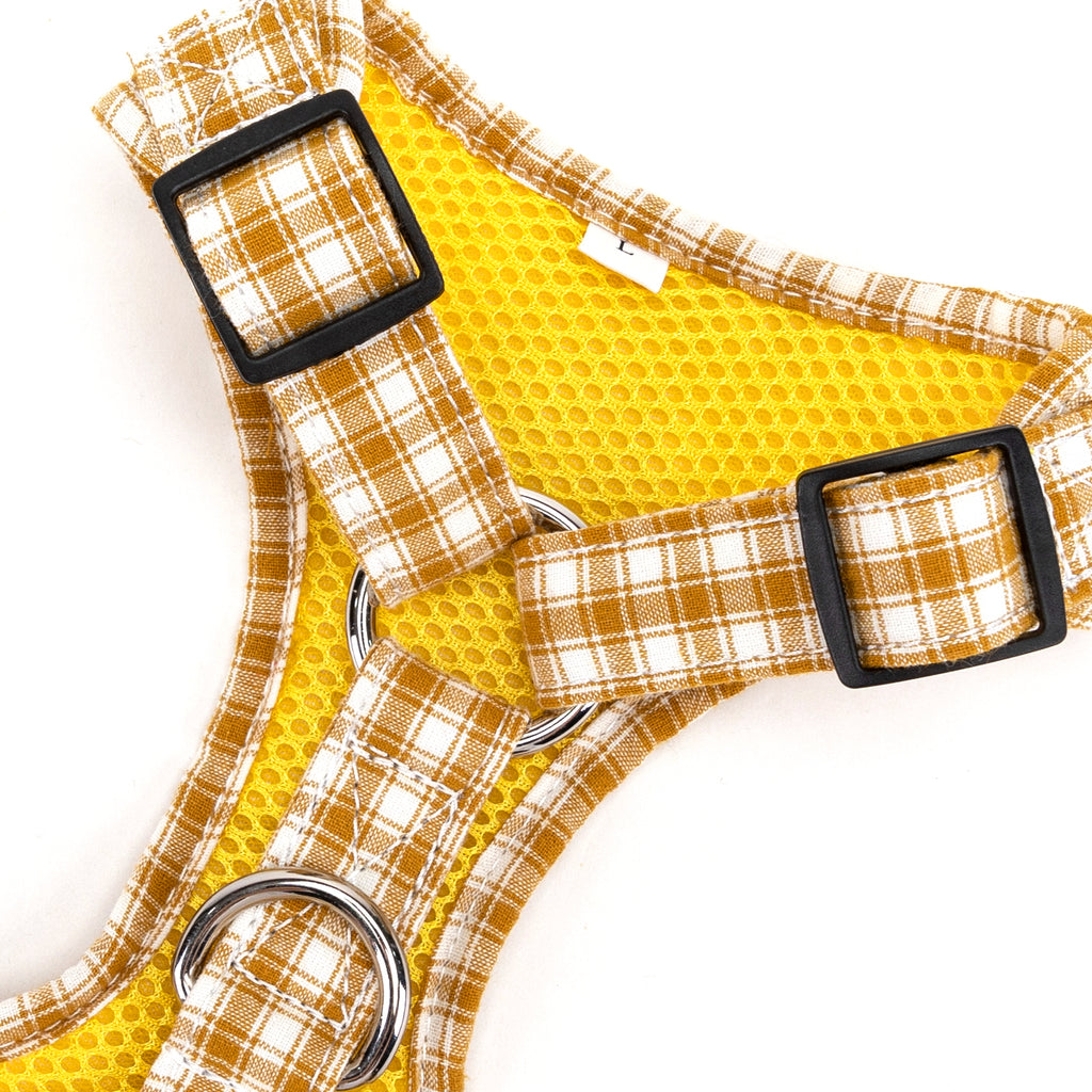 100% Cotton Adjustable No Pull Dog Harness Silver  Gingham Yellow buckle