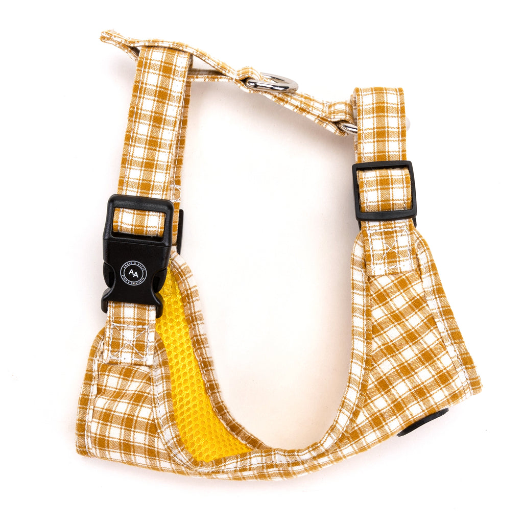 100% Cotton Adjustable No Pull Dog Harness Silver Gingham Yellow side