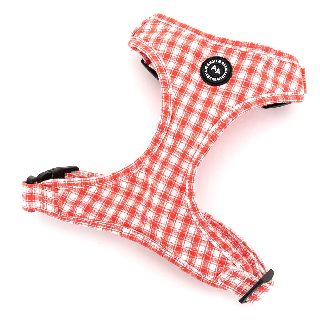 100% Cotton Adjustable No Pull Dog Harness Silver   Gingham Orange 