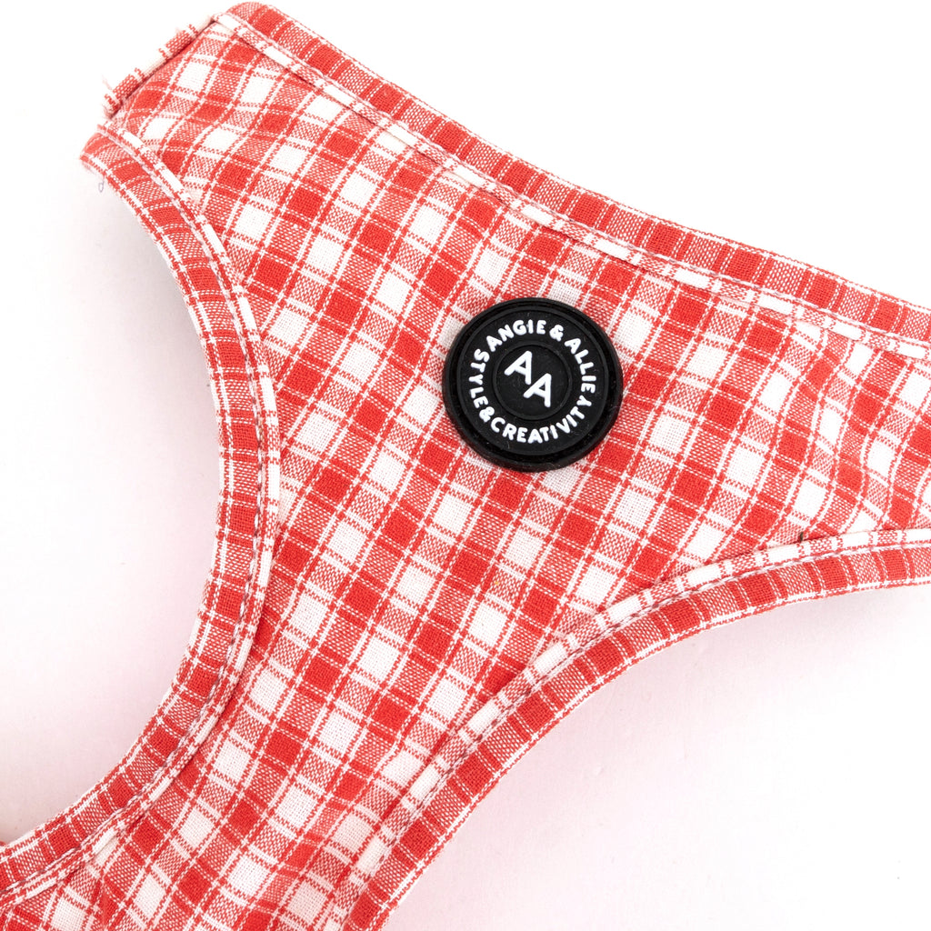 100% Cotton Adjustable No Pull Dog Harness Silver  Gingham Orange detail