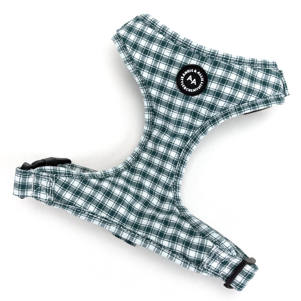 100% Cotton Adjustable No Pull Dog Harness Silver   Gingham Green main