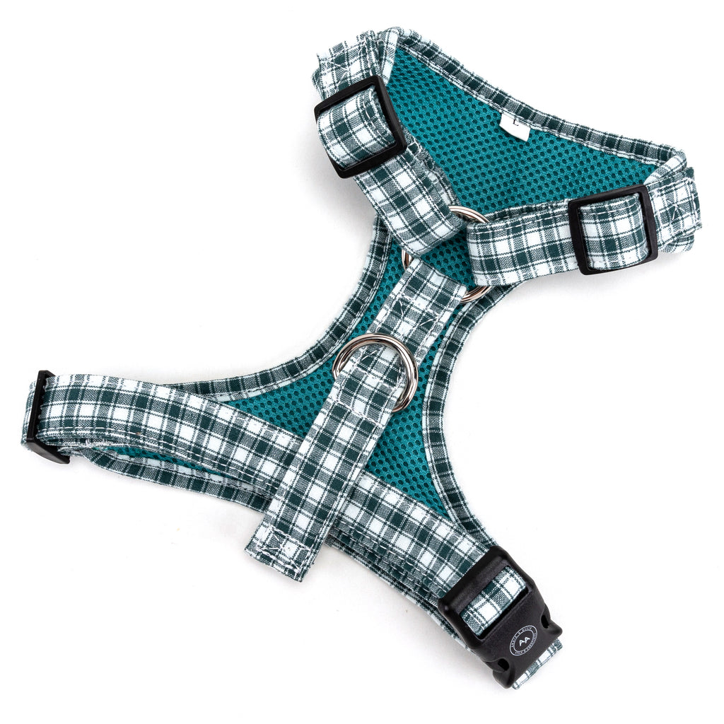 100% Cotton Adjustable No Pull Dog Harness Silver   Gingham Green back