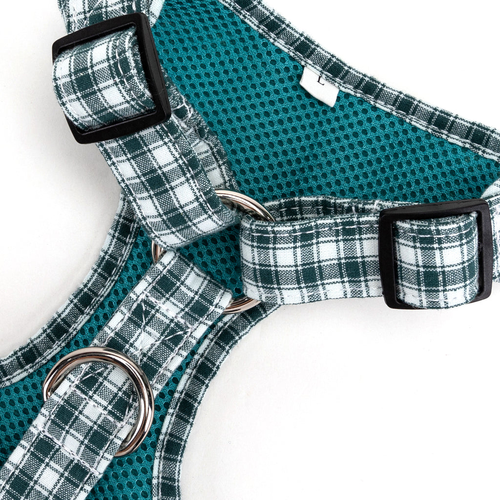 100% Cotton Adjustable No Pull Dog Harness Silver   Gingham Green buckle
