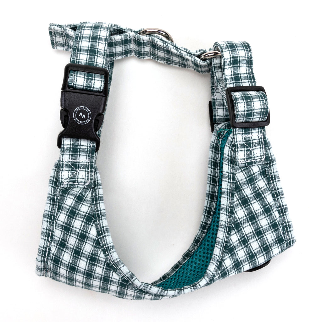 100% Cotton Adjustable No Pull Dog Harness Silver   Gingham Green side