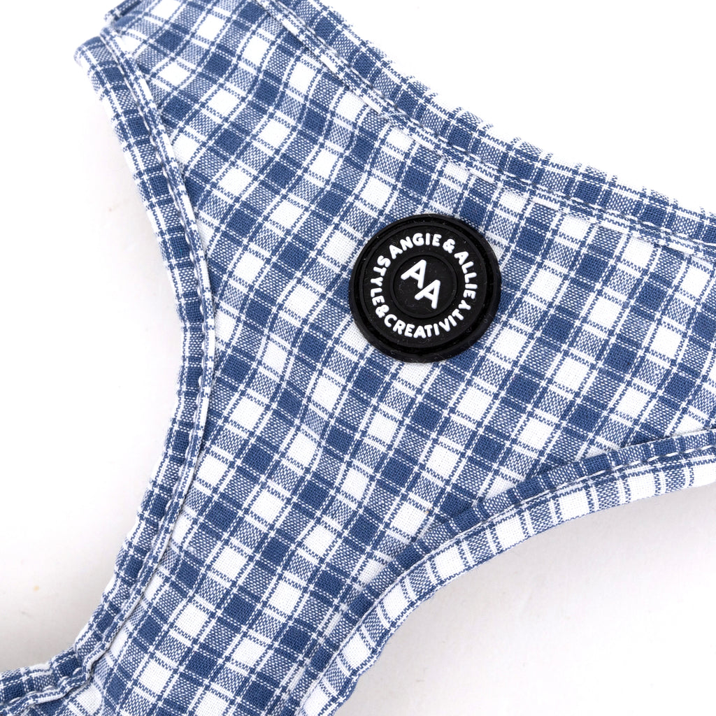 100% Cotton Adjustable No Pull Dog Harness Silver   Gingham Blue detail