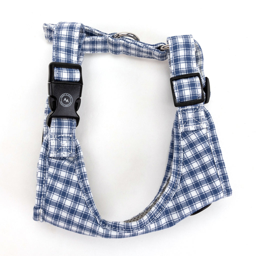 100% Cotton Adjustable No Pull Dog Harness Silver   Gingham Blue side