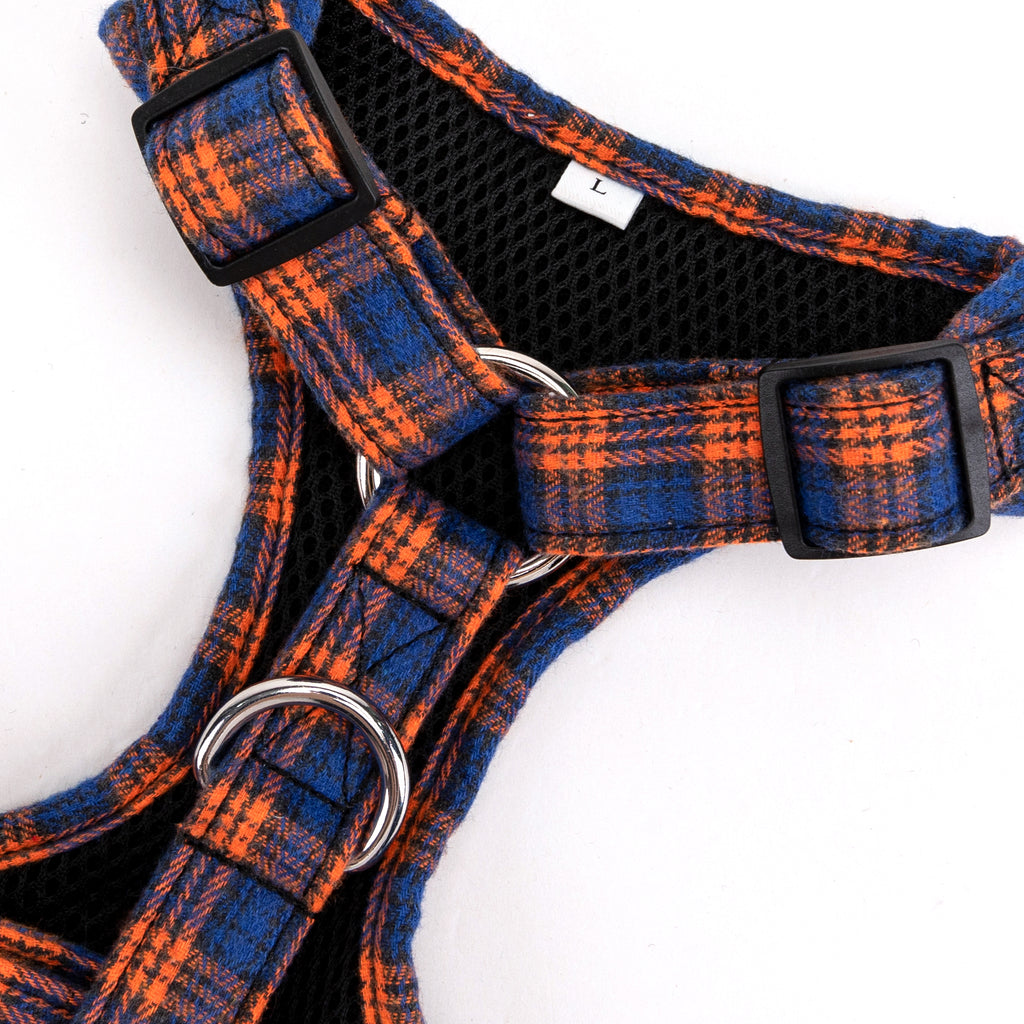 100% Cotton Adjustable No Pull Dog Harness Silver   MacDonald Orange & Blue buckle