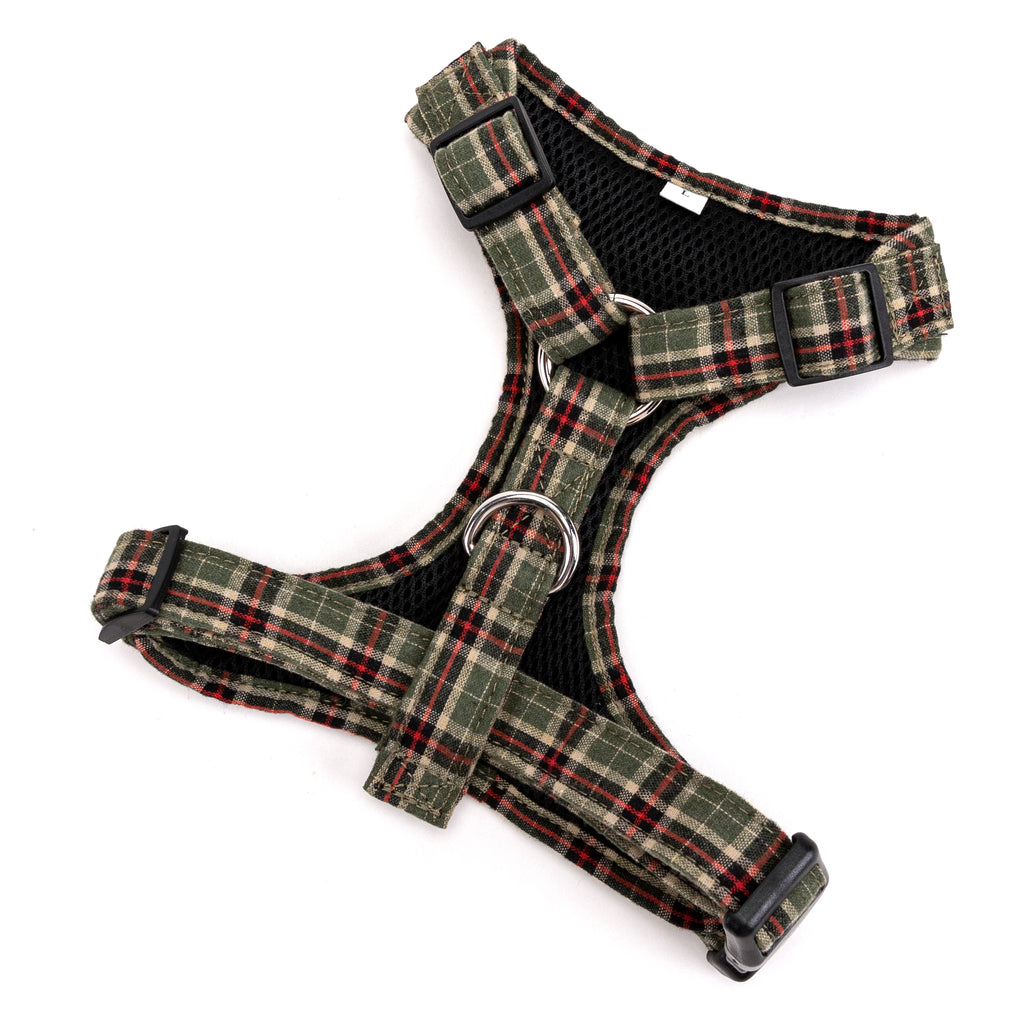 100% Cotton Adjustable No Pull Dog Harness Silver   MacPherson Hunting Green back