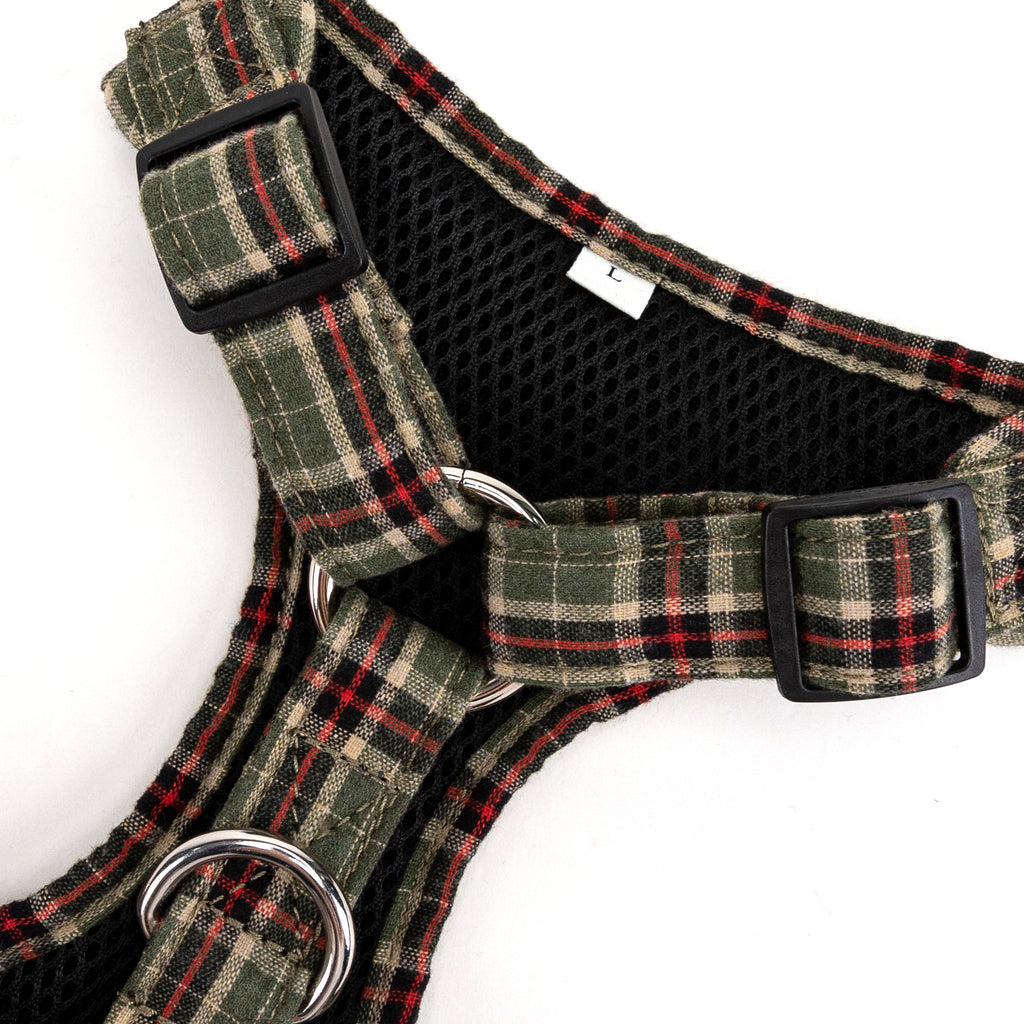 100% Cotton Adjustable No Pull Dog Harness Silver   MacPherson Hunting Green buckle