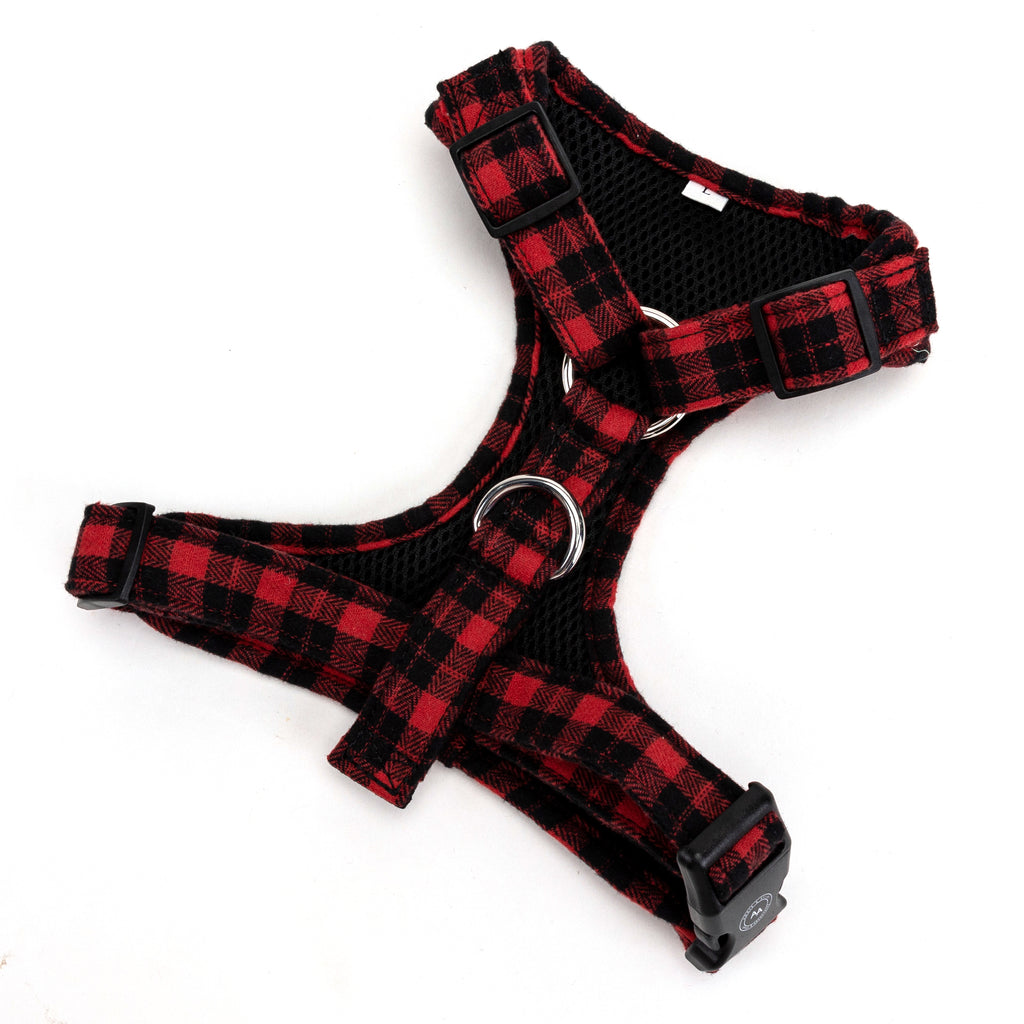 100% Cotton Adjustable No Pull Dog Harness Silver  Black Watch Red back