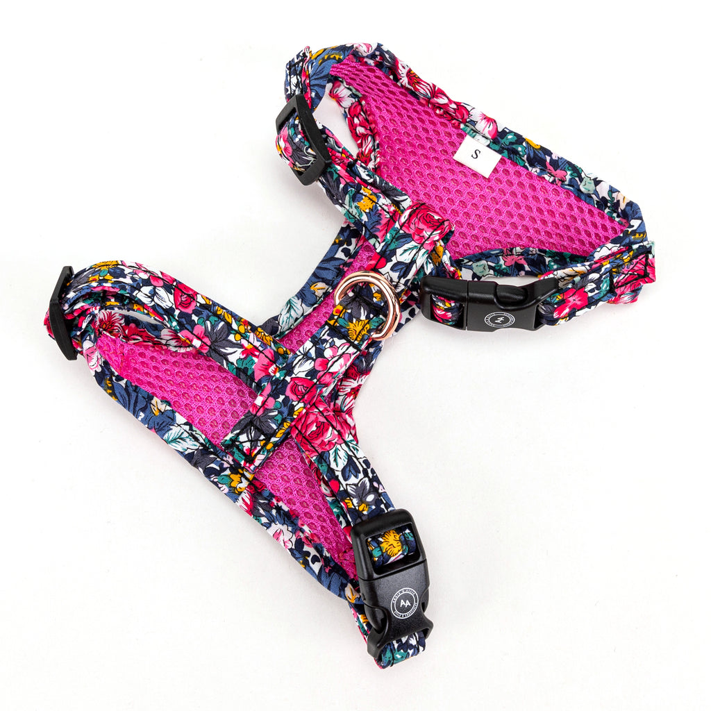 100% Cotton Adjustable No Pull Dog Harness Rose Gold   Blossom Blue back