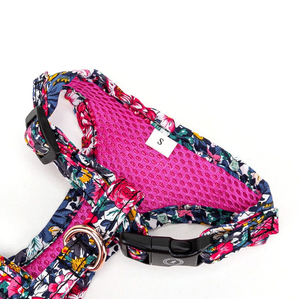 100% Cotton Adjustable No Pull Dog Harness Rose Gold   Blossom Blue buckle