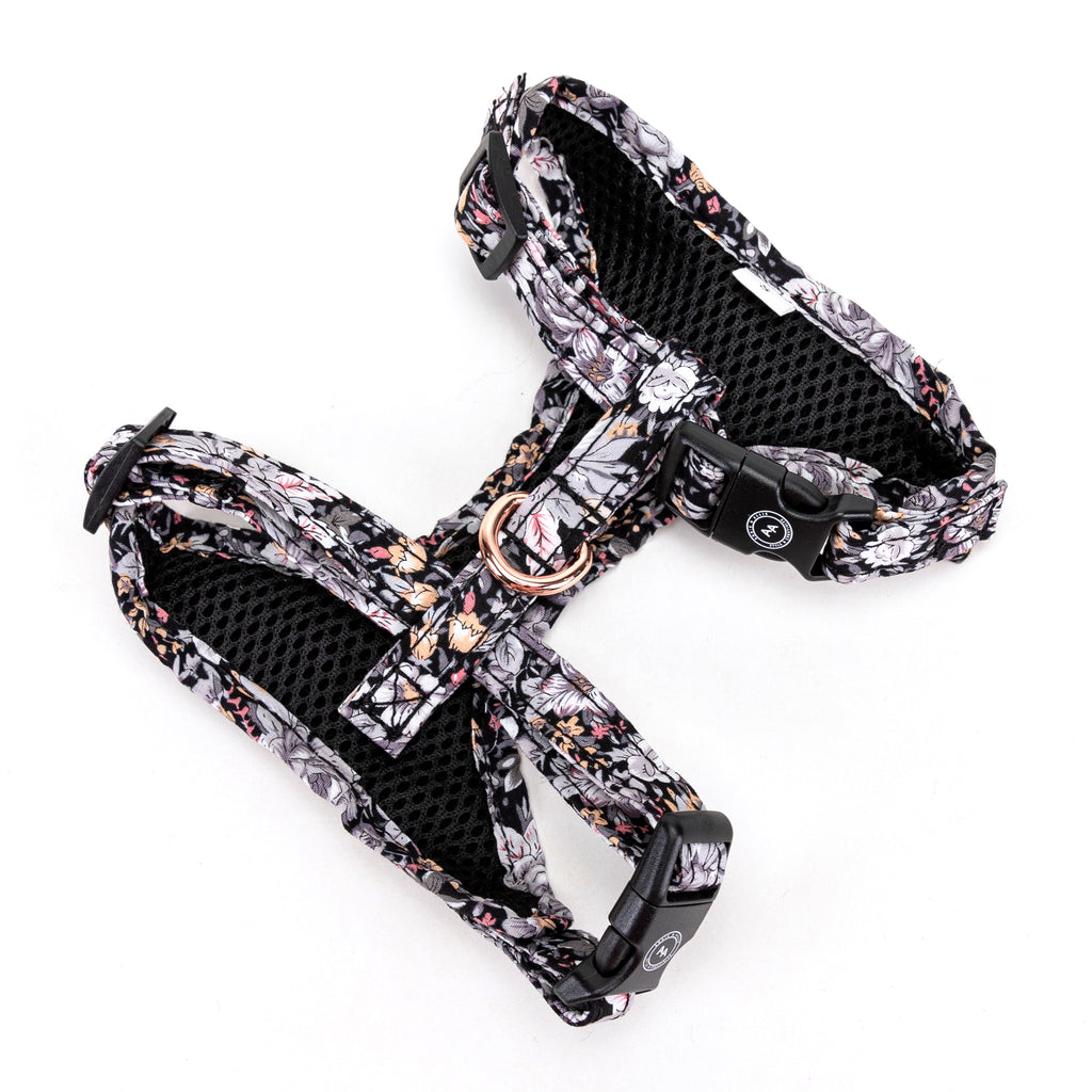 100% Cotton Adjustable No Pull Dog Harness Rose Gold   Blossom Grey back