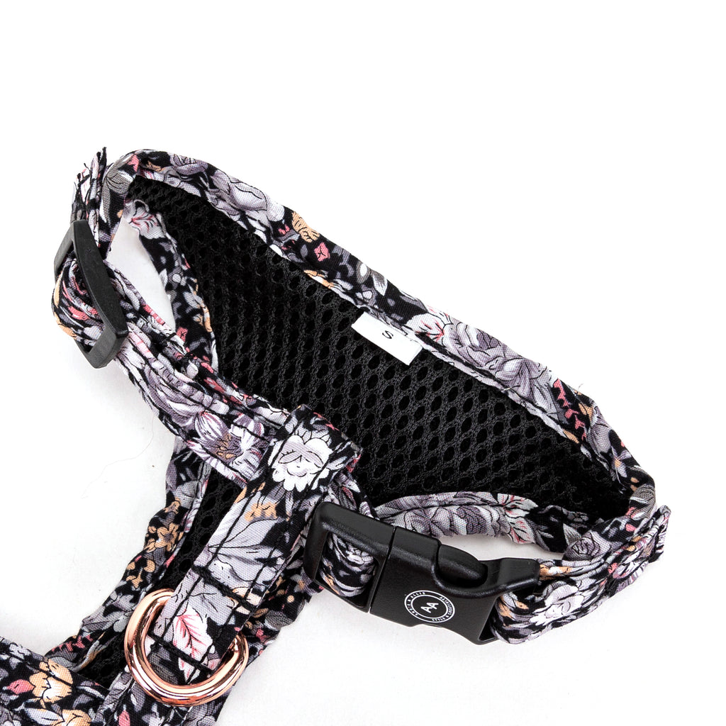 100% Cotton Adjustable No Pull Dog Harness Rose Gold   Blossom Grey buckle
