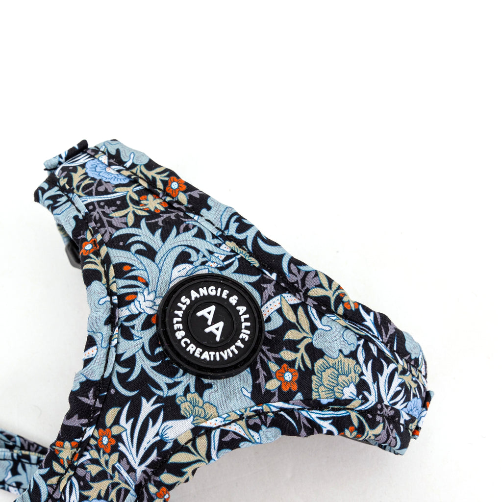 100% Cotton Adjustable No Pull Dog Harness Rose Gold   Floral Black detail