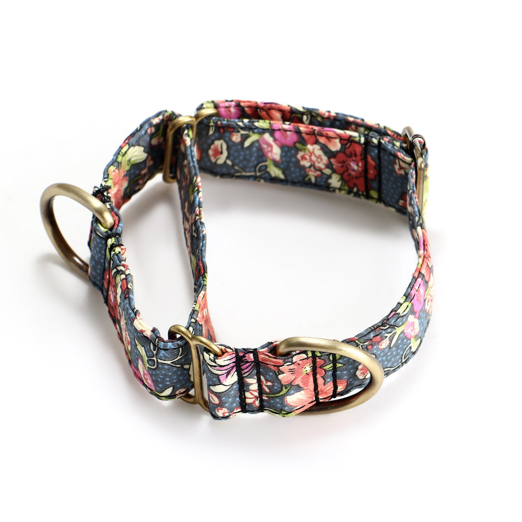 100% Cotton Martingale Dog Collar Brass  Bouquet Grey main