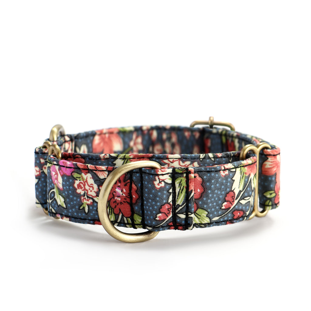 100% Cotton Martingale Dog Collar Brass Bouquet Grey front