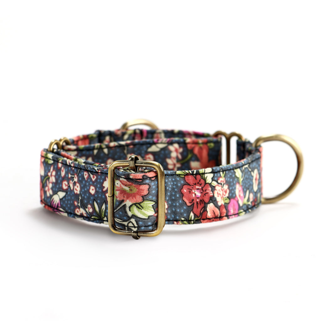 100% Cotton Martingale Dog Collar Brass  Bouquet Grey side