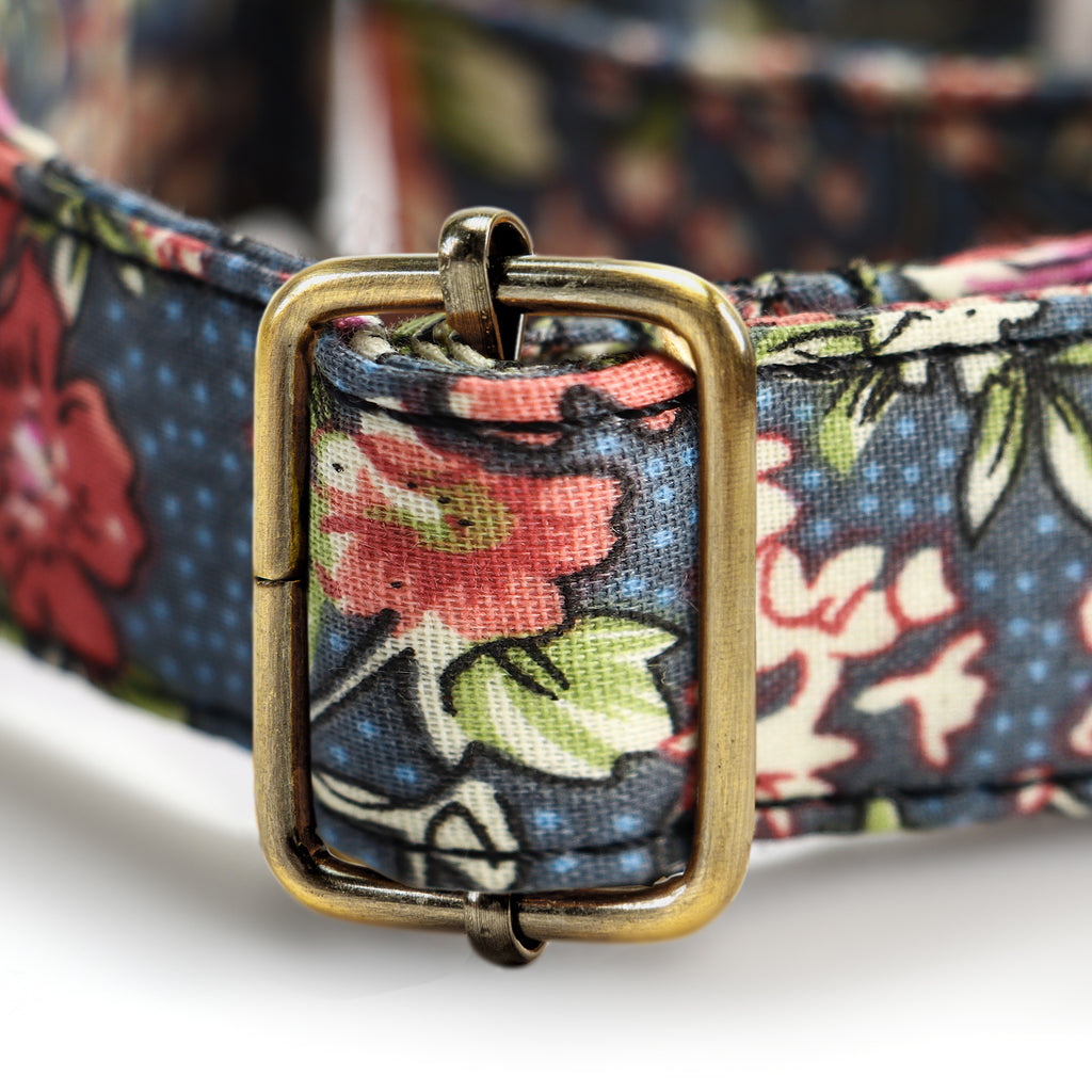 100% Cotton Martingale Dog Collar Brass  Bouquet Grey hardware